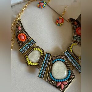 3/$15Women Boho Colorful Hollow Statement Chain Choker Necklace Hook EarringsSet